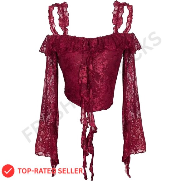 Tops - Lace Bell Sleeve Ruffle Backless Boho Crop Top Y2K Chic Tee Shirt